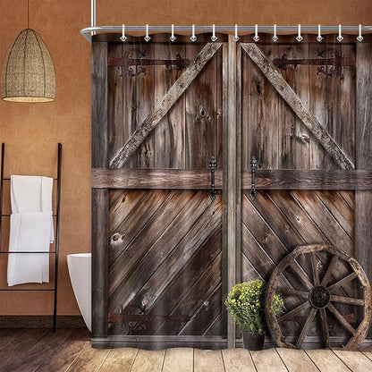 Rustic Barn Door Shower Curtains, Western Vintage Farmhouse Wood Board Shower Curtain Sets for Bathroom Decor, Brown Wooden Country Bath Curtain with Hooks, 70X75IN
