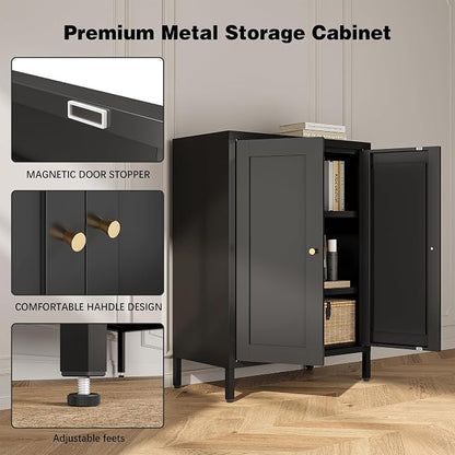 Bevivog Small Bathroom Storage Cabinet, Black Metal Locker Cabinet with 2 Doors and 2 Adjustable Shelves, Metal Floor Cabinets Sideboard for Home Office, Living Room, Hallway, Entryway