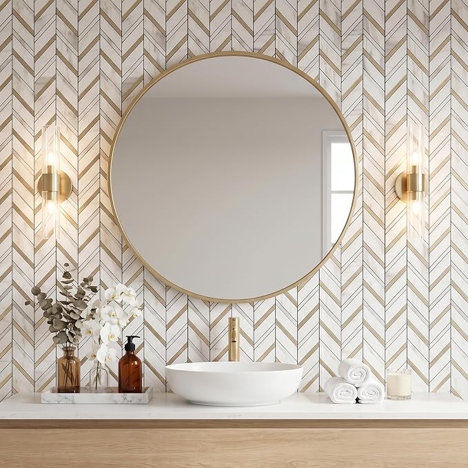 Yipscazo 10 Sheets Herringbone Backsplash Peel and Stick Tile, Marble Calacata Mixed Metal Gold PVC Stick on Backsplash for Kitchen, Waterproof Self Adhesive Wall Tile for Bathroom