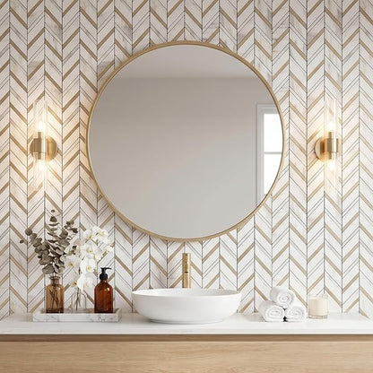 Yipscazo 10 Sheets Herringbone Backsplash Peel and Stick Tile, Marble Calacata Mixed Metal Gold PVC Stick on Backsplash for Kitchen, Waterproof Self Adhesive Wall Tile for Bathroom