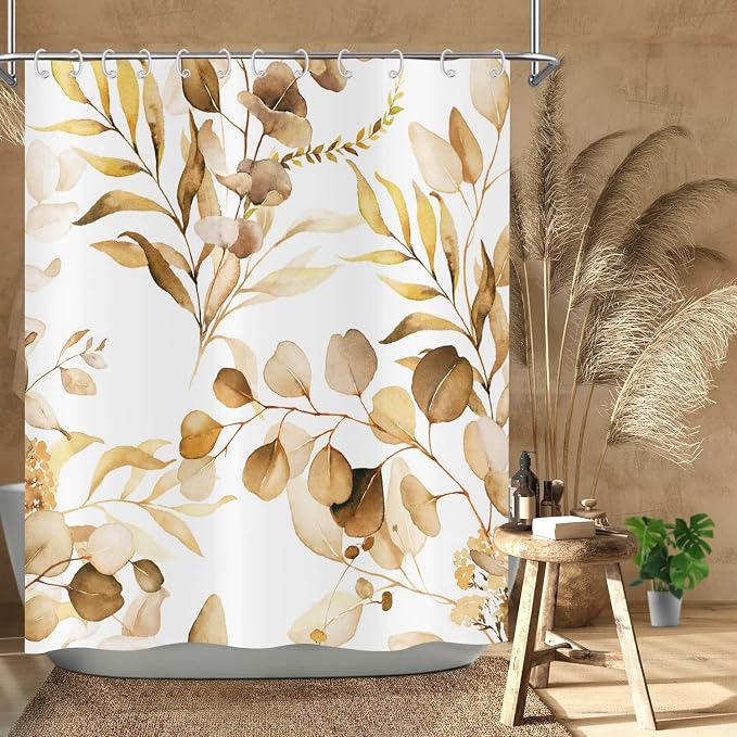 Brown Eucalyptus Leaf Long Shower Curtain, Brown Botanical Watercolor Plants Bathroom Curtain Bathtub Home Decor Waterproof Fabric Machine Washable with 12 PCS Hooks,72" Wx96 L