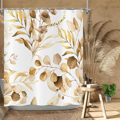 Brown Eucalyptus Leaf Long Shower Curtain, Brown Botanical Watercolor Plants Bathroom Curtain Bathtub Home Decor Waterproof Fabric Machine Washable with 12 PCS Hooks,72" Wx96 L