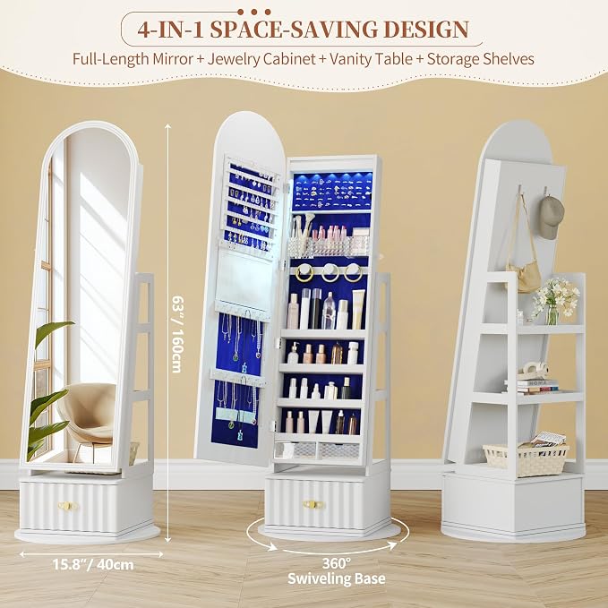 63" Full Length Mirror Jewelry Cabinet with Storage – Rotating, Lockable Jewelry Armoire with Velvet Lining, Standing Organizer for Women – Ideal Gift for Jewelry Storage & Display, White