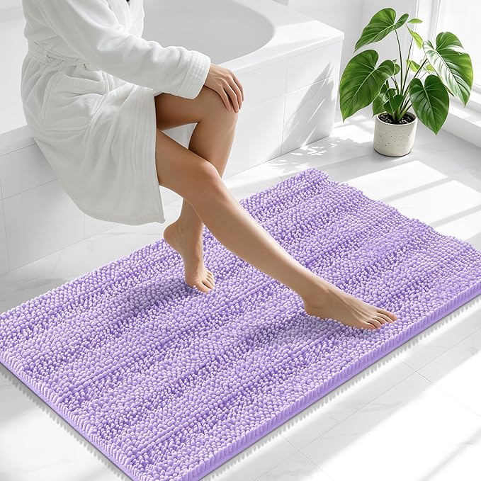 Smiry Thick Chenille Bathroom Runner Rugs 47x17, Soft Bath Mat, Lavender | Quick‑Dry & Machine Washable, Non‑Slip Bath Carpet, Striped Bath Rugs for Tub & Shower, Modern Home Decor Accessories
