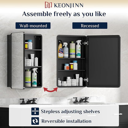 Keonjinn 16" x 24" Black Medicine Cabinet Mirror, Stainless Steel Framed | Stepless Adjustable Shelves, Wall-Mounted/Recessed, Heavy & Solid, Soft Close with DTC Hinges, Bathroom Mirror with Storage