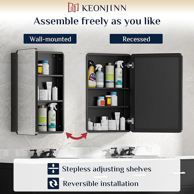 Keonjinn 24 x 32 Inch Black Recessed Medicine Cabinets, Bathroom Mirrored Medicine Cabinet, Black Stainless Steel Framed, Adjustable Shelves, in Wall or Surface Mount, Sturdy & Heavy, Farmhouse