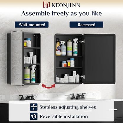 Keonjinn 24 x 32 Inch Black Recessed Medicine Cabinets, Bathroom Mirrored Medicine Cabinet, Black Stainless Steel Framed, Adjustable Shelves, in Wall or Surface Mount, Sturdy & Heavy, Farmhouse