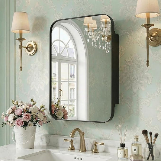 Casaphoria 24" H x 16" W Bathroom Medicine Cabinet with Mirror, Metal Frame Wall Medicine Cabinets Mirrors, Wall Mirror Cabinet Black