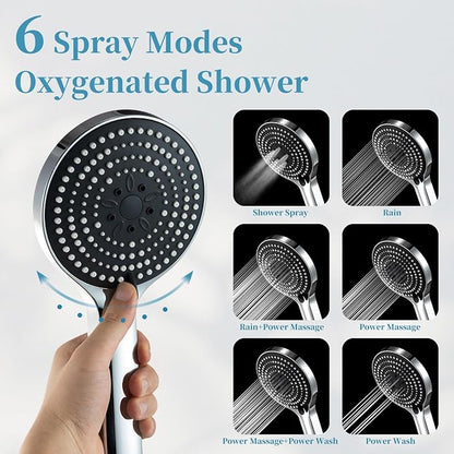 OFFO Handheld Shower Head Set, 6-Mode High Pressure Handheld Sprayer with 60 in Stainless Steel Shower Hose, High Flow Large Powerful Boosting Handheld Showerhead for Low Water Pressure, Chrome