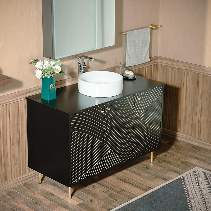 Woodbridge 48" Modern Bathroom Vanity with Round Ceramic Vessel Sinks & Black Engineered Stone Top, Matte Black Lacquer Finish and Gold Accents, Slim Frame Design, and Sleek Space-Saving Profile