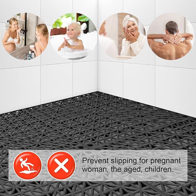 Modular Interlocking Cushion 55 Pack 11.8" x 11.8" Rubber Floor Tiles Non-Slip Splicing Drainage Mats for Deck, Pool, Outdoor Shower, Patio, Balcony, Indoor Bathroom, Kitchen, Yard (Black)