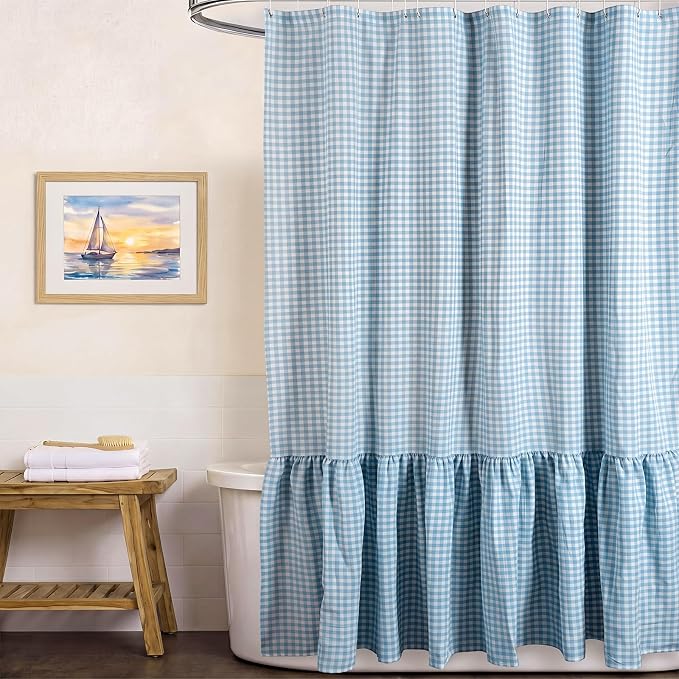 HunnmingRe Ruffle Hem Gingham Shower Curtain Light Blue | 72'' x 72'' Vintage Farmhouse Curtain, Cotton Cottage Core Rural Checkered Plaid Decor, Fall Shower Curtain for Bathroom