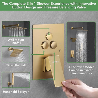 VANFOXLE Shower Faucet Set Brushed Gold Shower System,Push Button Diverter Shower Faucet with 2 in 1 Handheld, Wall Mount Increased Thickness 10 Inch Shower Head with 6 Inch Shower Head