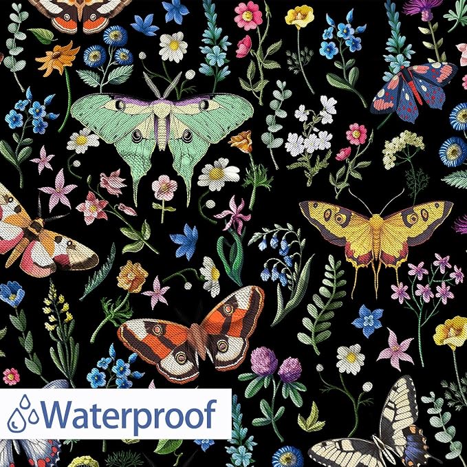 Boho Butterfly Floral Shower Curtain, Bright Abstract Bohemian Plant Flower Botanical Moth Shower Curtains, Black Modern Aesthetic Chic Fabric Shower Curtain Bathroom Accessories 12 Pack Hooks, 72X84
