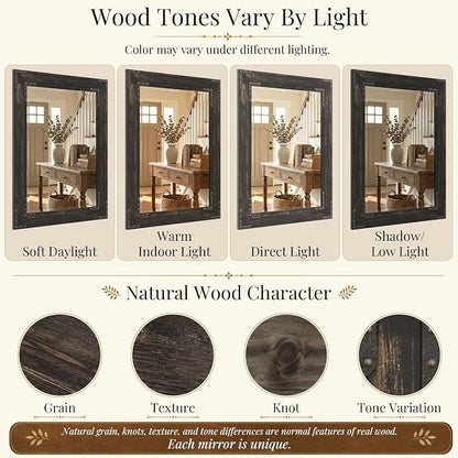 Rustic Black 30x40 Inch Wood Bathroom Vanity Mirror, Rivets | Industrial farmhouse, dark charcoal grain, larger vanities, mantels, living rooms and entry consoles