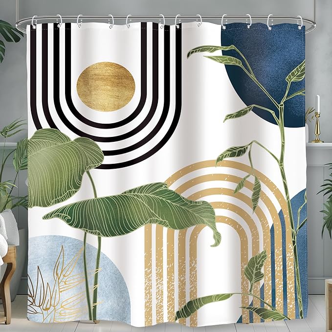 Glawry Navy Blue Boho Shower Curtain Abstract Mid Century Light Blue Tropical Palm Tree Sun Arch Plant Minimalist Bathroom Modern 72Wx78L Inches Bath Accessories Art Home Decor Fabric 12 Pack Hook
