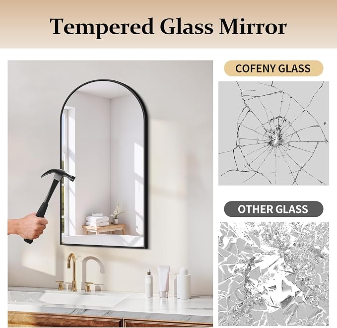 COFENY Arched Mirror, 20’’x40’’ Black Arch Mirror for Bathroom, Arched Bathroom Mirror with Frame, Modern Wall Mounted Mirror for Over Sink Mantle Bedroom Vanity Living Room Entryway