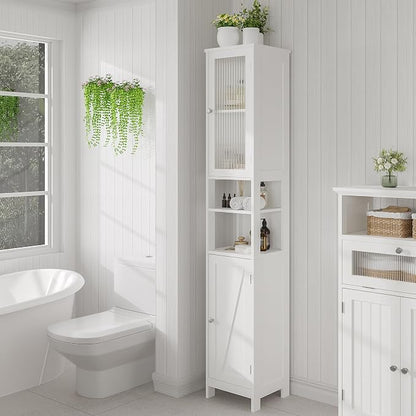 ChooChoo Narrow Bathroom Storage Cabinet with Light, Space Saving | Space Saving,Tall Bathroom Storage Cabinet, 5-Tier, 2 Doors, Slim, Freestanding, Adjustable Shelves, White