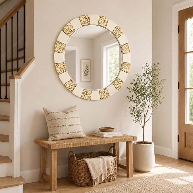 Saliwa 27 Inch Round Bathroom Mirror, Wood Framed Wall Mirror, Rustic Farmhouse Round Mirror for Vanity, Entryway, Living Room, Bedroom and Hallway