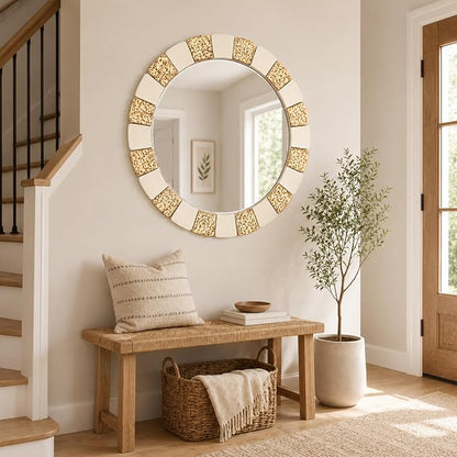 Saliwa 27 Inch Round Bathroom Mirror, Wood Framed Wall Mirror, Rustic Farmhouse Round Mirror for Vanity, Entryway, Living Room, Bedroom and Hallway