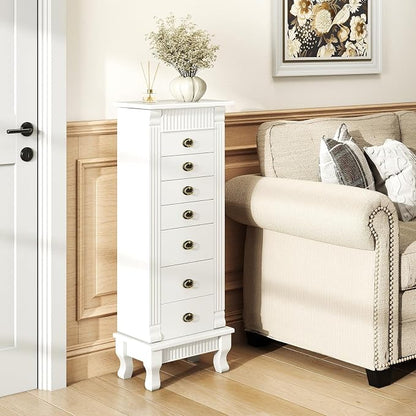 DREAMADE Jewelry Armoire, Standing Jewelry Box w/Mirror & 7 Drawers, White | Flip Top Organizer with 2 Side Doors and Anti-Toppling Device, Large Jewelry Cabinet Storage for Bedroom