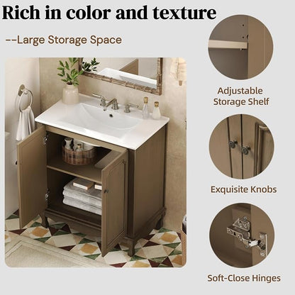 Merax 30" Vintage Bathroom Vanity with Sink, Bathroom Storage Vanity Cabinet with 2 Doors & Rubber Wood Legs & Adjustable Shelves & Antique Handles, Soft-Close Hinges, Antique Brown