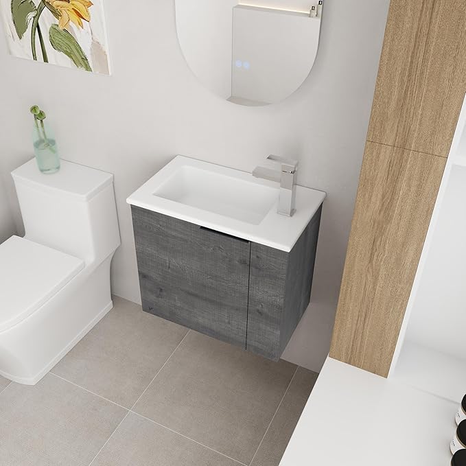 22 Inch Bathroom Vanity with Sink, 22" Wall Mounted Vanity Sink Combo for Small Space, Modern Bathroom Cabinet Set with Ceramic Basin Sink Top and Soft-Closing Door, Plaid Grey Oak