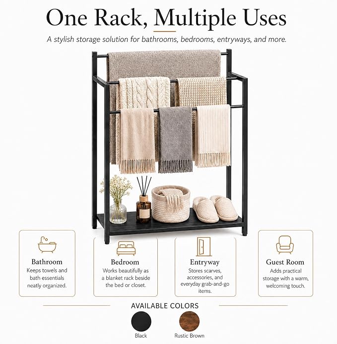 24.8" W Freestanding Towel Rack with Black Wood Shelf | 3 Tier Blanket Ladder Stand for Bathroom Living Room, Metal Frame