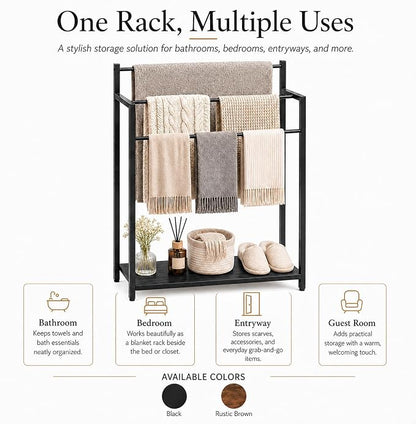 24.8" W Freestanding Towel Rack with Black Wood Shelf | 3 Tier Blanket Ladder Stand for Bathroom Living Room, Metal Frame