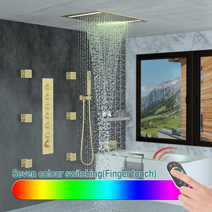 HOMEDEC LED Full Body Rain Shower System with 6pcs Body Jets Spray with（Up/Down ）Shower Spout, Large 3 In 1 Functions 14x20inch Showerhead, Rainfall Mist Shower Faucet Set Complete, Brushed Gold
