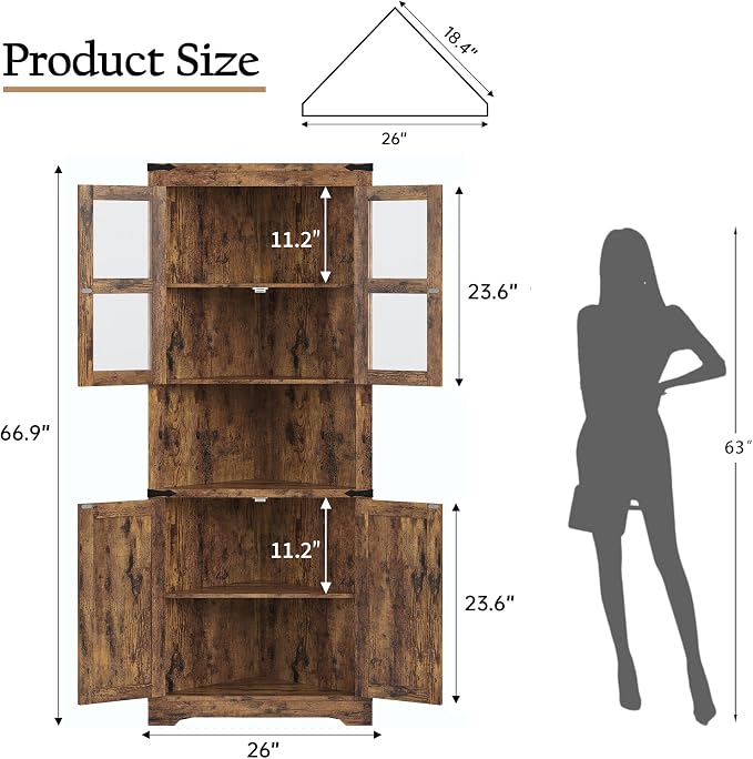 GarveeHome 67 in Tall Corner Storage Cabinet with Lights, Farmhouse Corner Hutch Display Cabinet with Glass Doors, Wooden Storage Organizer for Kitchen, Living Room, Bathroom, Brown