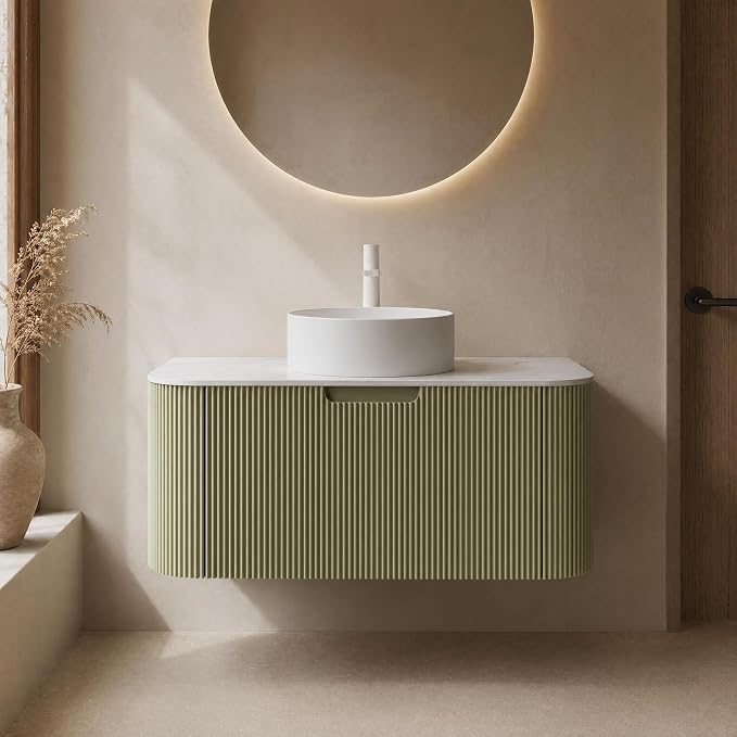 36 Inch Bathroom Vanity with Sink, Floating Wall Mounted Single Sink Vanity, Sage Green Curved Fluted Front, Stone Top, Pure White Round Vessel Basin, Pre-Assembled