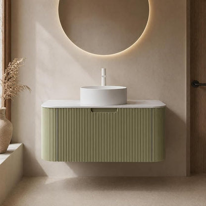 36 Inch Bathroom Vanity with Sink, Floating Wall Mounted Single Sink Vanity, Sage Green Curved Fluted Front, Stone Top, Pure White Round Vessel Basin, Pre-Assembled