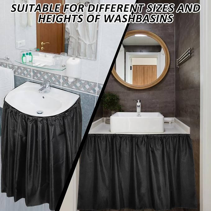 2 Pack Fabric Sink Skirt Diamond Bathroom Stitch Under Sink Skirt with Self Stick Adhesive Waterproof Fabric Under Sink Curtain Skirt for Extra Storage,Kitchen Sink Cover (Black,55 x 32Inch)