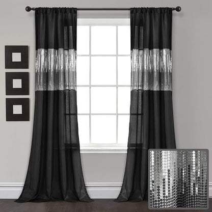 Lush Decor Night Sky Window Curtain Panel, Single 42"W x 95"L Black - Sequin Backdrop Curtain - Room Darkening Curtains For Bedroom - Glam Decor