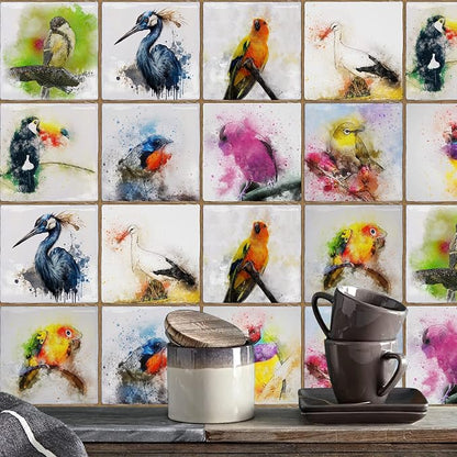 Alwayspon Vinyl Sticker Peel and Stick, Self-Adhesive Wall Tile Transfers Backsplash Sticker Decal for Kitchen Bathroom, 6x6inch/15x15cm 10Pcs, Birds T033