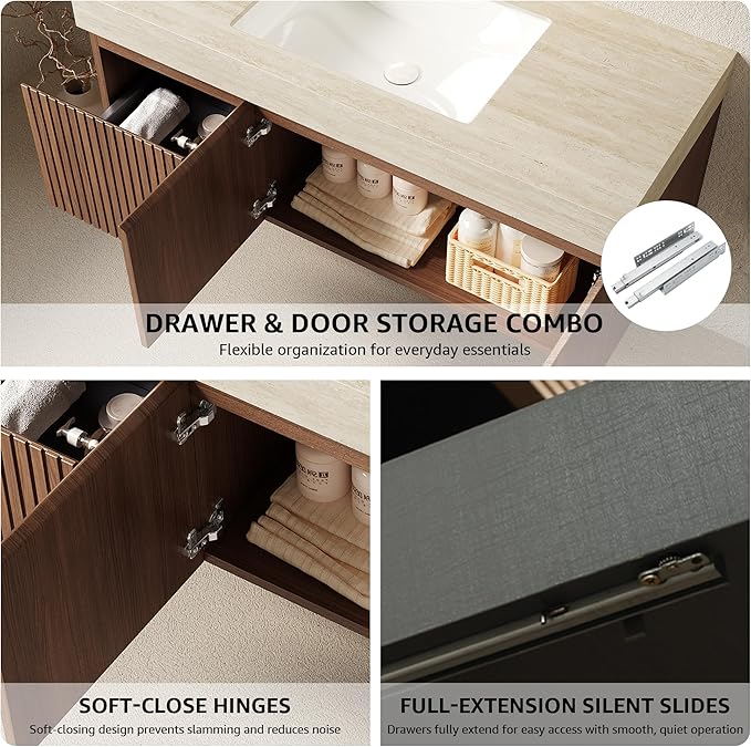 48” Floating Bathroom Vanity with Sink, Wall-Mounted Cabinet with Drawer & Doors, Roma Travertine-Pattern Countertop, Undermount Basin, Single Faucet Hole, Soft-Close, Pre-Assembled, Brown Oak