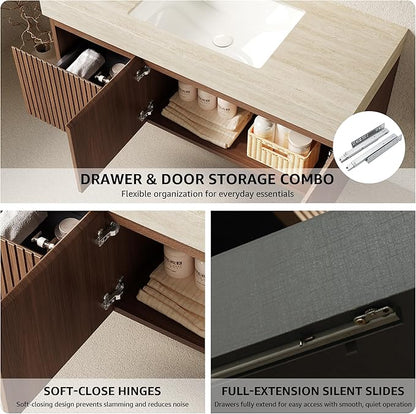 48” Floating Bathroom Vanity with Sink, Wall-Mounted Cabinet with Drawer & Doors, Roma Travertine-Pattern Countertop, Undermount Basin, Single Faucet Hole, Soft-Close, Pre-Assembled, Brown Oak