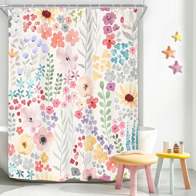 Extra Long Colorful Cute Floral Flowers Plants Bathroom Shower Curtain Set | 72"W x 96"H Botanical Girls; waterproof HD print, quick-dry fabric with 12 hooks for easy hanging.