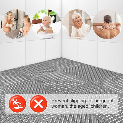 Modular Interlocking Cushion 12 Pack 11.8" x 11.8" Rubber Floor Tiles Non-Slip Splicing Drainage Mats for Deck, Pool, Shower, Patio, Balcony, Bathroom, Kitchen, Yard (2 Rows Dots, Gray)