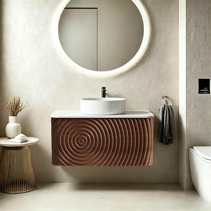 30" Floating Bathroom Vanity with Sink, Mid-Century Wall Mounted Bathroom Vanity Cabinet with Waved Decor, Ceramic Vessel Basin, Sintered Stone Top, Soft Close Storage Drawer, Walnut
