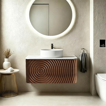 30" Floating Bathroom Vanity with Sink, Mid-Century Wall Mounted Bathroom Vanity Cabinet with Waved Decor, Ceramic Vessel Basin, Sintered Stone Top, Soft Close Storage Drawer, Walnut