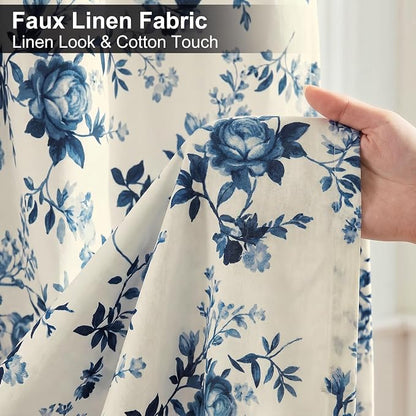Farmhouse Blue Floral Shower Curtain, Fabric Faux Linen Shower Curtain Set with 12 Rings, Vintage Cottagecore Boho Shower Curtains for Bathroom 72" W x 72" L （Beige + Blue