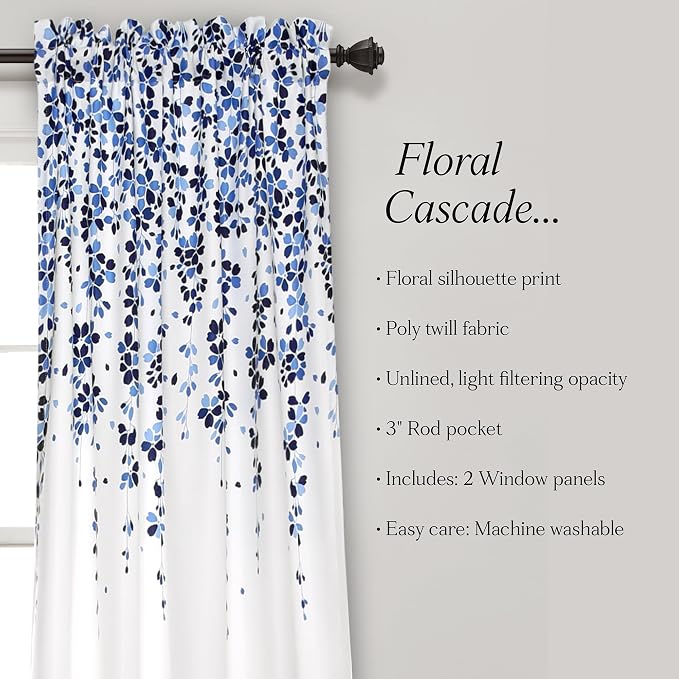 Lush Decor Weeping Flower Light Filtering Window Curtain Panels, Pair, 52"W x 95"L + 2" Header, Navy & Blue - Charming Modern Floral Curtains for Living Room, Dining Room, & Bedroom