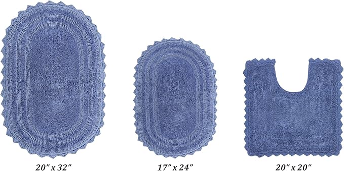 Better Trends 3 Piece Lilly Crochet Oval Rug Bath Mat Toilet Rugs U Shaped Set 100% Cotton, Soft Reversible Water Absorbent Washable Bath Rug for Bathroom Floor Decor, Contour Blue