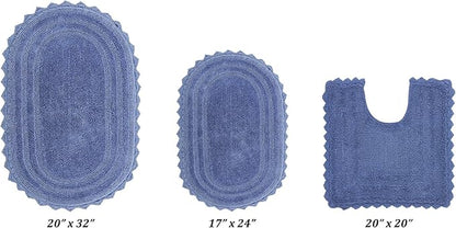 Better Trends 3 Piece Lilly Crochet Oval Rug Bath Mat Toilet Rugs U Shaped Set 100% Cotton, Soft Reversible Water Absorbent Washable Bath Rug for Bathroom Floor Decor, Contour Blue