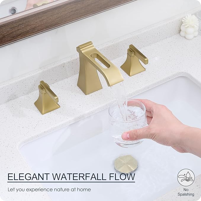 Brushed Gold Bathroom Faucet 3 Hole, Brass Waterfall 8 Inch Widespread Bathroom Sink Faucets with Pop-Up Drain, cUPC Water Hose, 2 Handles for Vanity, Restroom, Modern Hollowed Design