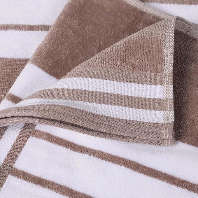 Superior Oversized Cotton Beach Towel Set of 2, Absorbent Towels for Bathroom, Beach, Pool, Swim, Adults, Kids, Vacation, Travel, Bath Sheet, Quick Dry Basics, Trip Essentials, Striped Decor, Taupe