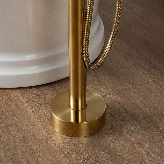 WOODBRIDGE Contemporary Single Handle Floor Mount Freestanding Tub Filler Faucet with Hand shower in Brushed Gold Finish, F0007BGRD