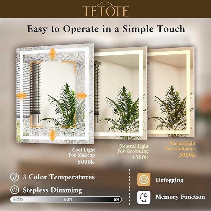 TETOTE LED Bathroom Mirror 30 x 36 Front and Backlit Lighted Bathroom Vanity Mirror with Brighter Lights 3-Color Dimmable Led Anti Fog Light up Mirror, Waterproof, Shatterproof Tempered Glass